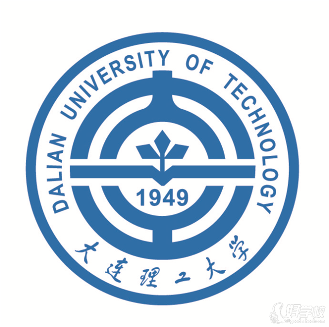 大连理工大学校徽为圆形图案,校徽上部自左而右环绕中文校名标准全称