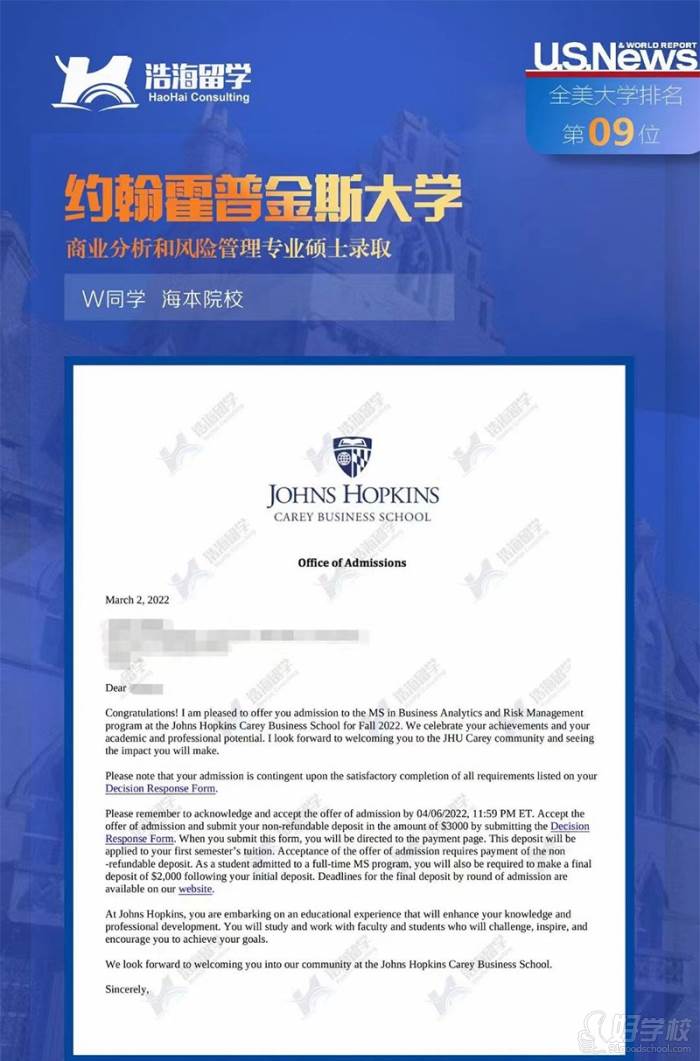 W同學約翰霍普金斯大學商業(yè)分析和風險管理專業(yè)碩士錄取offer