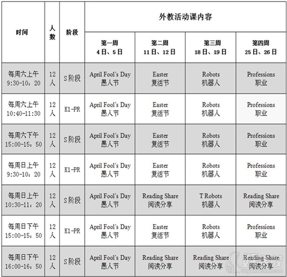 少儿英语外教活动课4月安排表