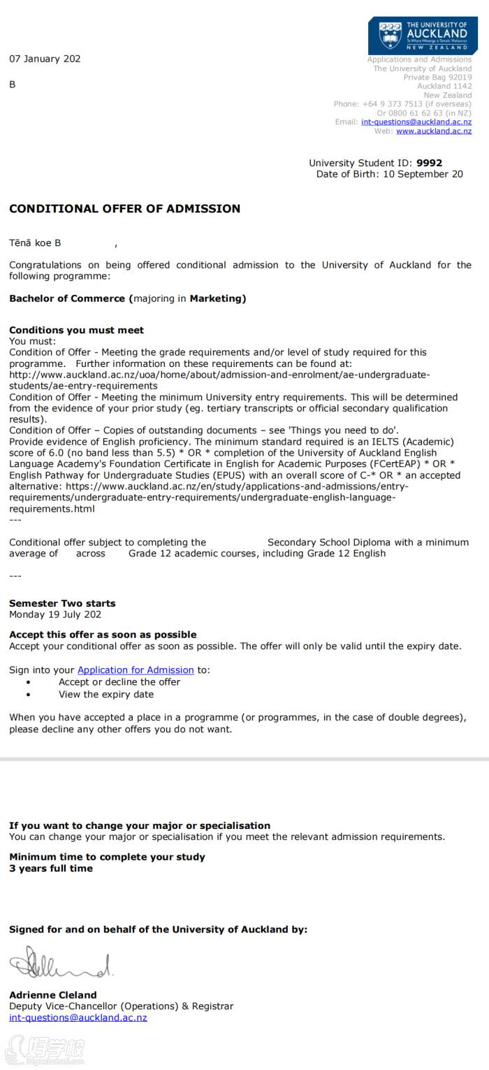 新西蘭奧克蘭大學(xué)錄取通知書