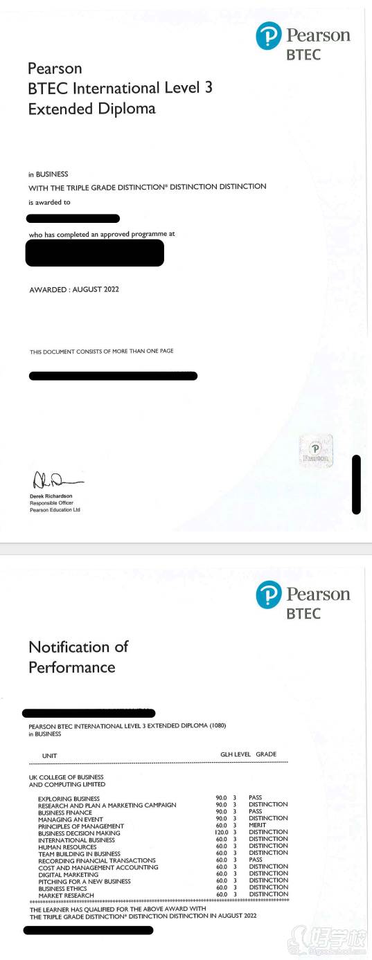 英国BTEC国际第三级延伸商科文凭证书样本