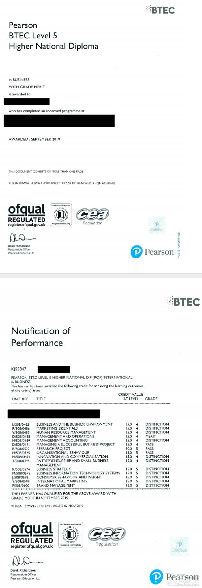 英国BTEC第五级高级国家商科文凭证书样本