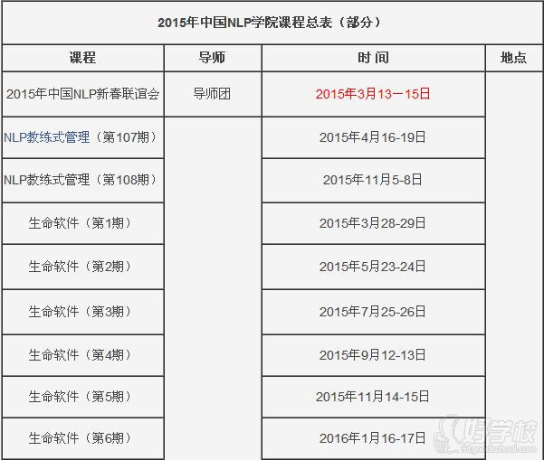 中國NLP學院2015年全年課程安排時間總表