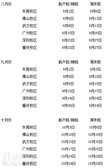 龙丰自动化8-10月课程开班时间表