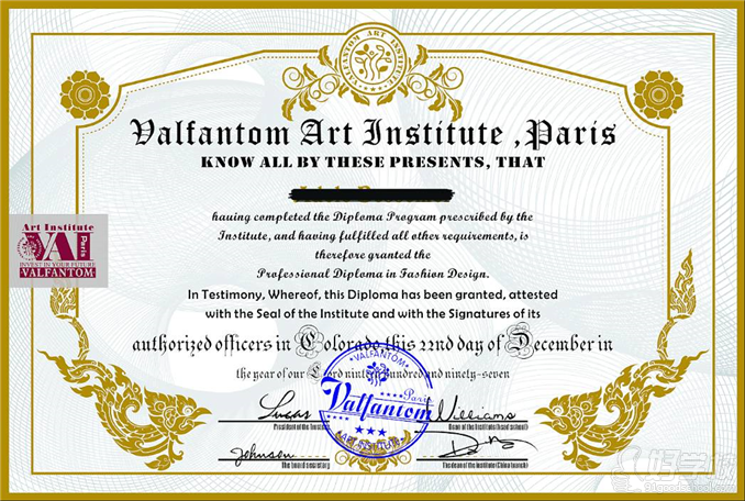 巴黎沃梵登艺术学院课程结业证书