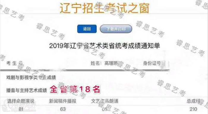 沈阳睿思艺考培训中心 学员高珊珊 2019年省艺术统考成绩