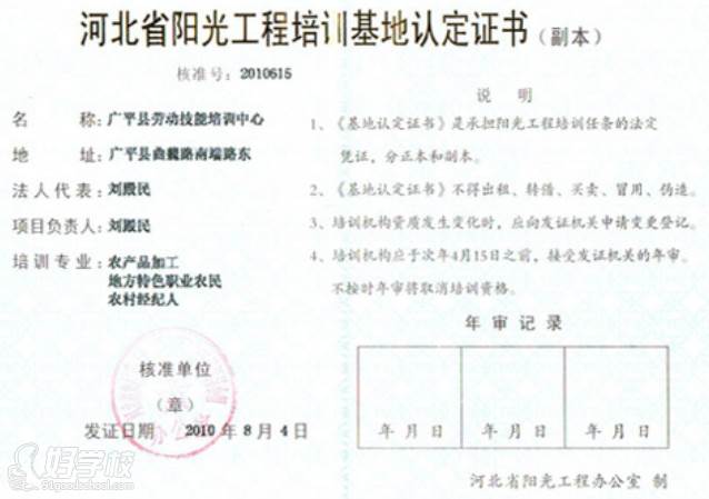 邯鄲孫大媽小吃培訓(xùn)中心  資質(zhì)證書