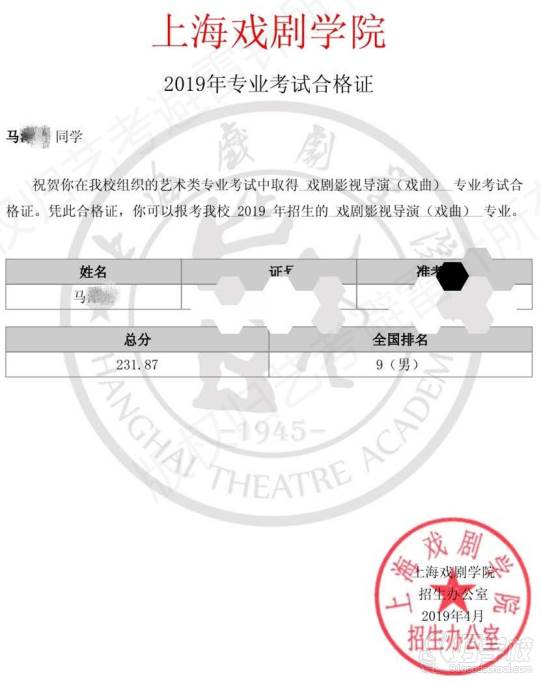 广州艺考避雷针工作室  学员成绩证书-上海戏剧学院