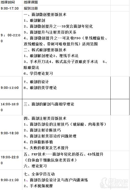 广州南大医美学院  课程安排