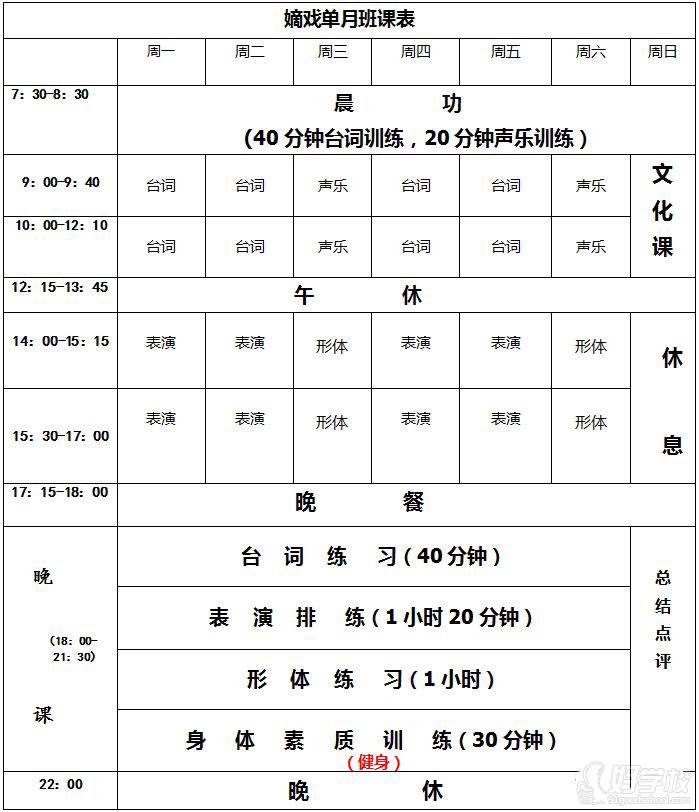 北京嫡戏艺术培训学校 单月班课程安排