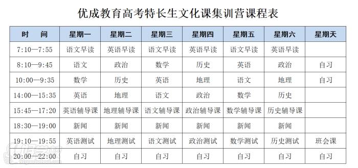 高考特长生文化课集训营课程表