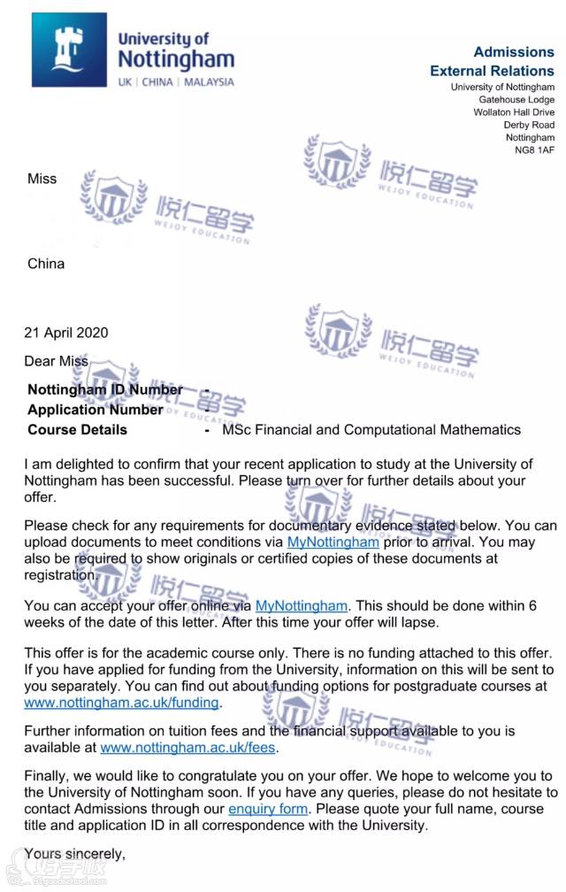 英研-熊凌暢-諾丁漢-MSc Financial and Computational Mathematics_水印版