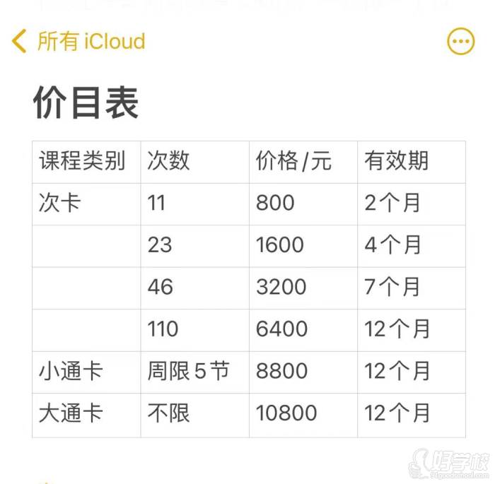 价目表