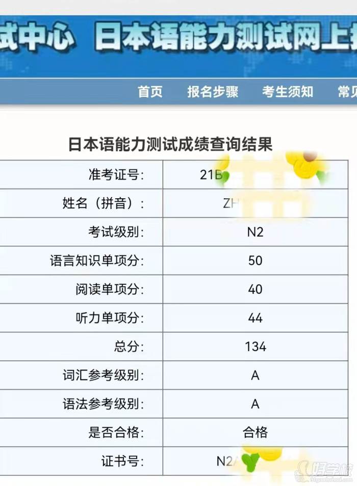 周同学日语高级N2成绩单