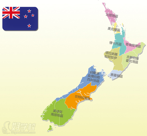 新西兰国旗与新西兰地区分布图
